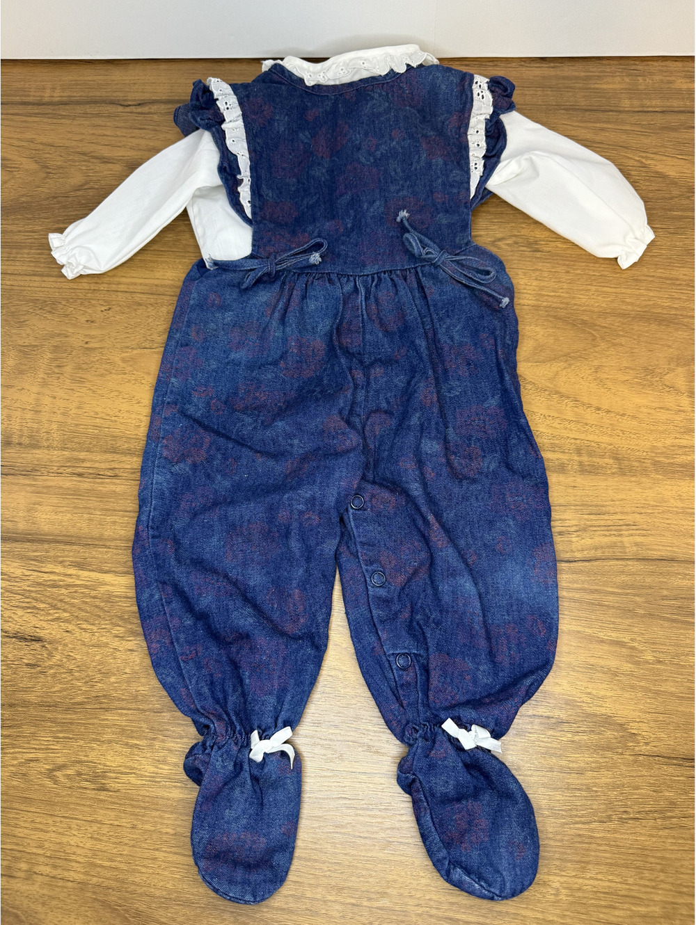 Alexis Baby Girl's Navy Blue Floral Footed Romper with Lace Trim Size 6 Months